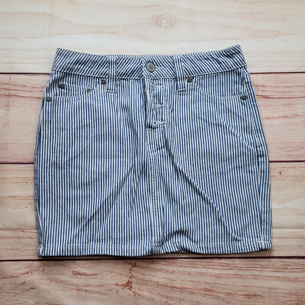 Dickies Skirt Girls 10 Blue Striped Denim Mini Button Front Pockets Casual